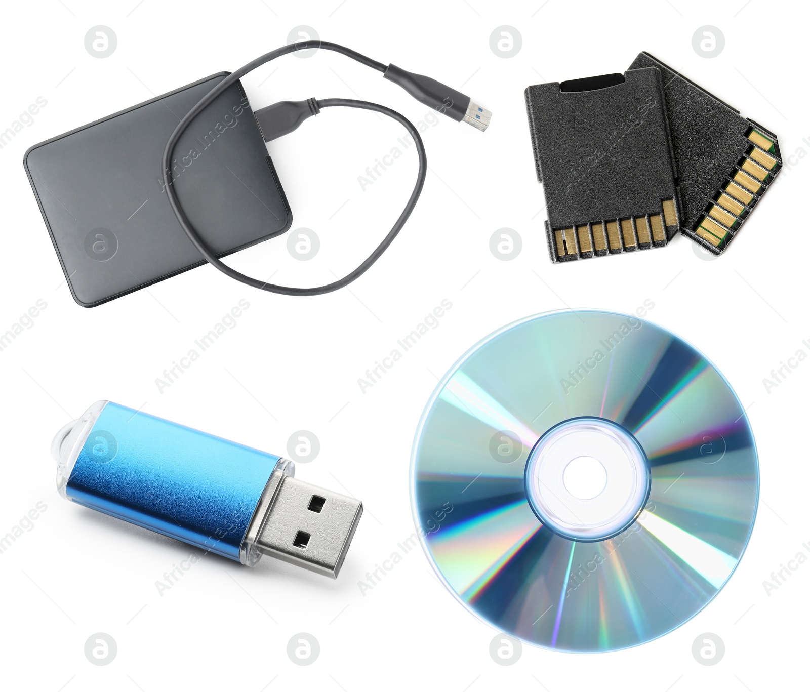 Different modern memory drives isolated on white, collage Image of Different modern memory drives isolated on white, collage