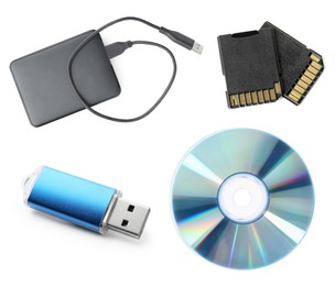 Image of Different modern memory drives isolated on white, collage