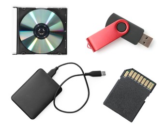 Image of Different modern memory drives isolated on white, collage. Top view