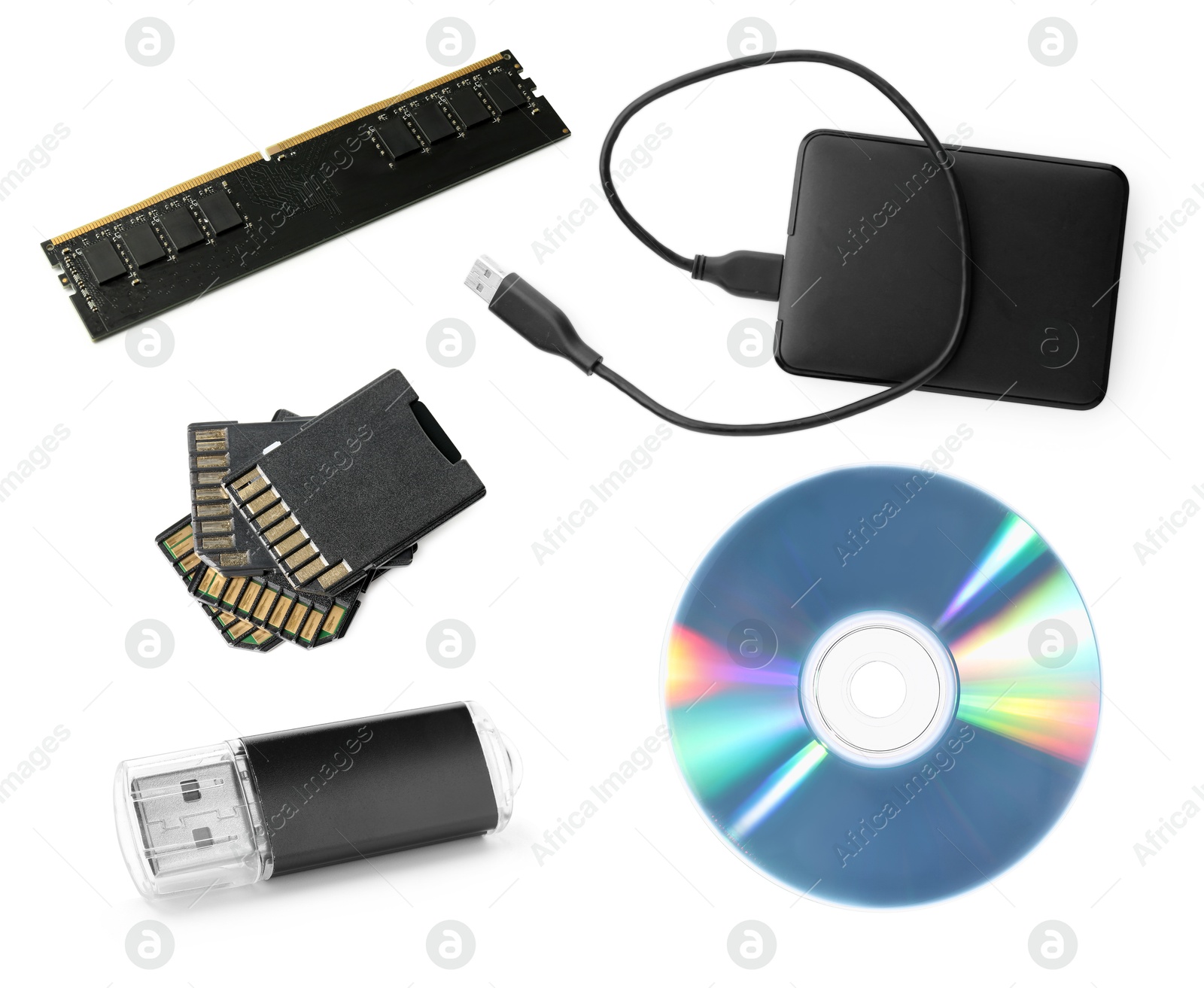 Different modern memory drives isolated on white, collage Image of Different modern memory drives isolated on white, collage