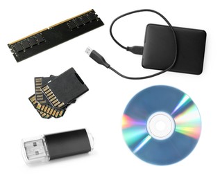 Image of Different modern memory drives isolated on white, collage