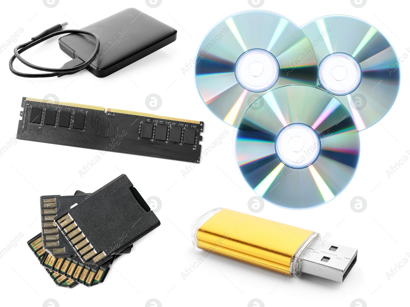Different modern memory drives isolated on white, collage Image of Different modern memory drives isolated on white, collage