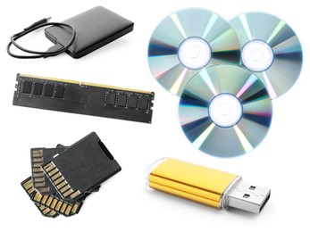 Image of Different modern memory drives isolated on white, collage