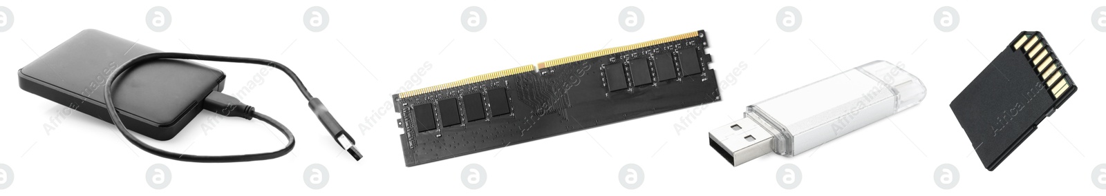 Different modern memory drives isolated on white, collage Image of Different modern memory drives isolated on white, collage