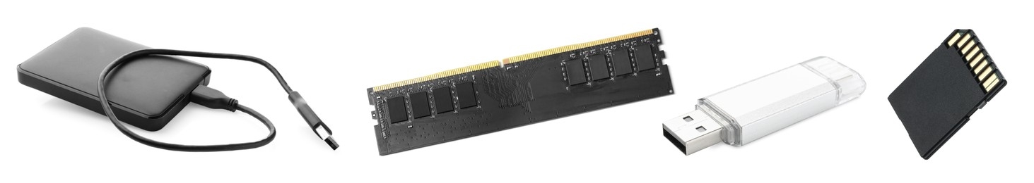 Image of Different modern memory drives isolated on white, collage