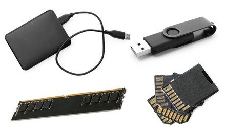 Image of Different modern memory drives isolated on white, collage