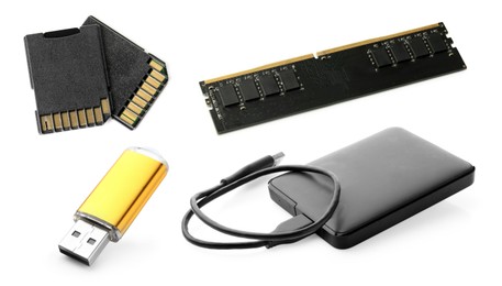 Image of Different modern memory drives isolated on white, collage