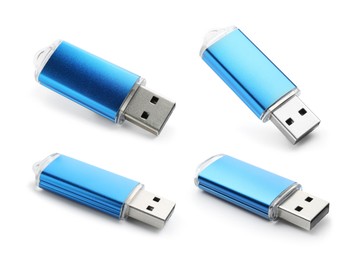 Image of Blue flash drive isolated on white, collage. View from different sides