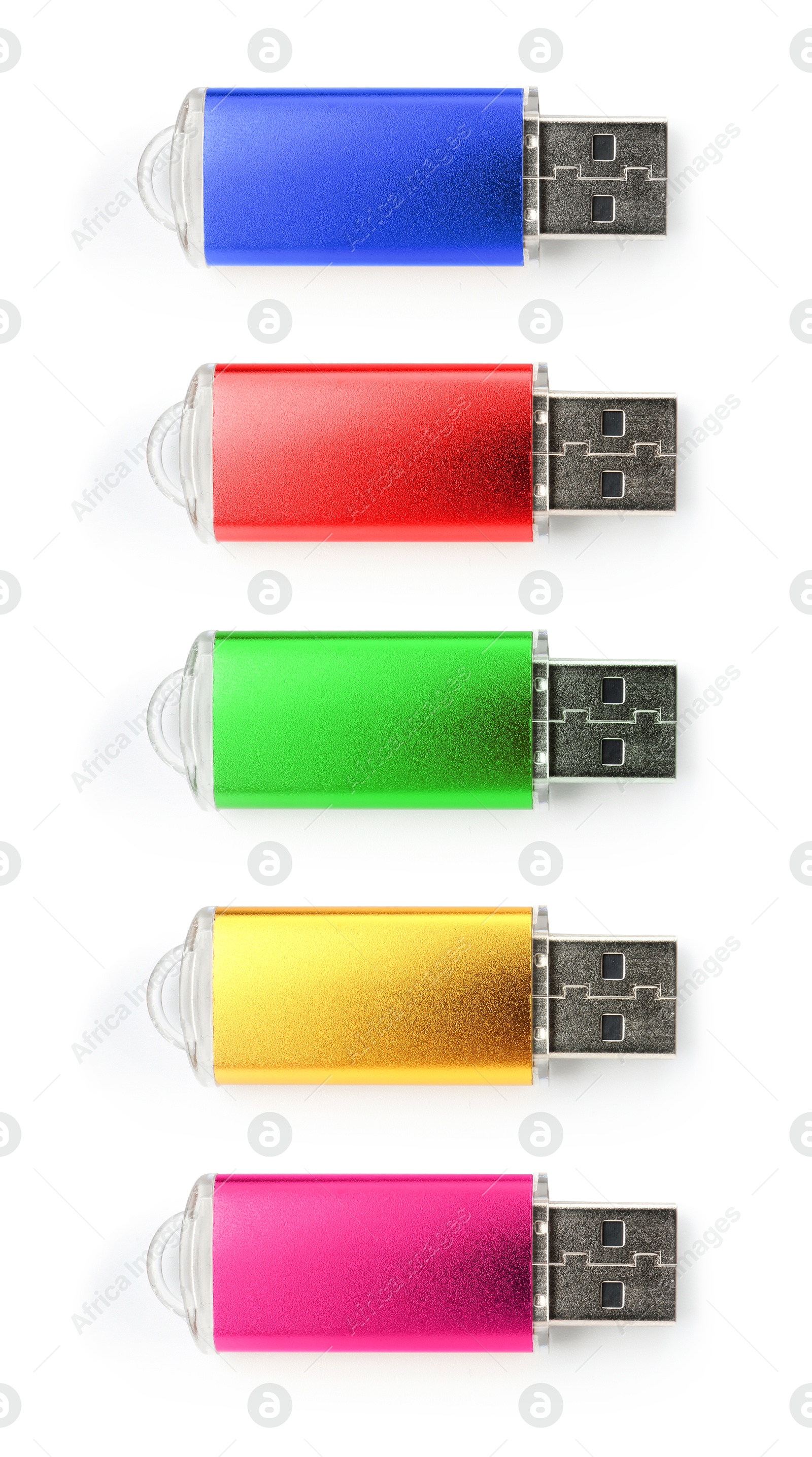 Colorful flash drives isolated on white, collage. Top view Image of Colorful flash drives isolated on white, collage. Top view