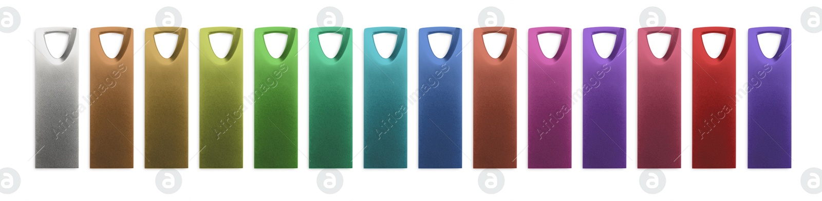 Colorful flash drives isolated on white, collage. Top view Image of Colorful flash drives isolated on white, collage. Top view