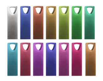 Image of Colorful flash drives isolated on white, collage. Top view