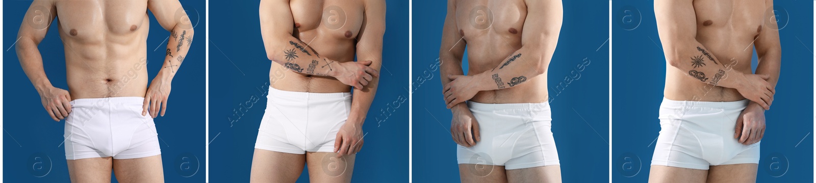 Sporty man in stylish white underwear on blue background, closeup. Collage of photos Image of Sporty man in stylish white underwear on blue background, closeup. Collage of photos