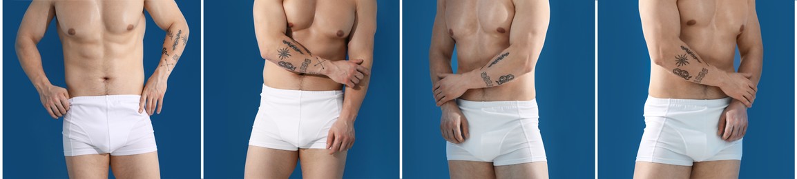 Image of Sporty man in stylish white underwear on blue background, closeup. Collage of photos