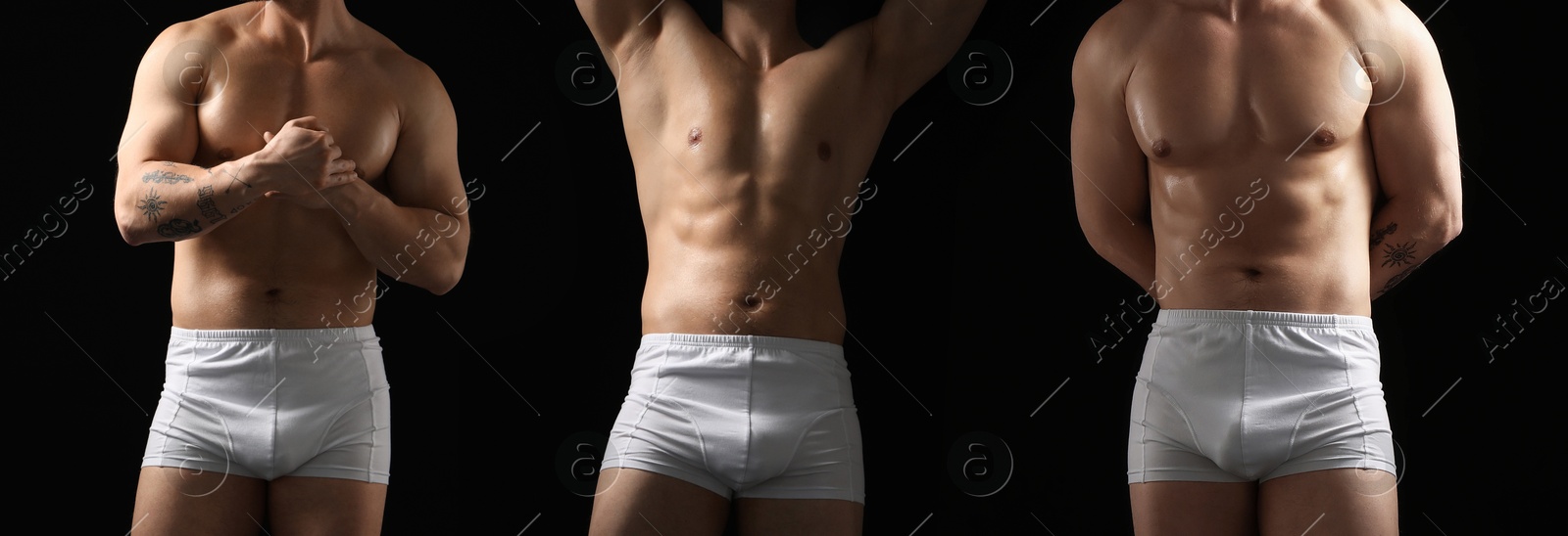 Sporty man in stylish white underwear on black background, closeup. Collage of photos Image of Sporty man in stylish white underwear on black background, closeup. Collage of photos