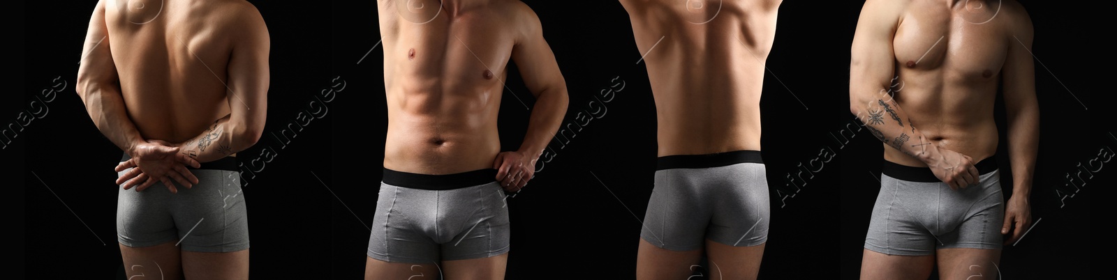 Sporty man in stylish grey underwear on black background, closeup. Collage of photos Image of Sporty man in stylish grey underwear on black background, closeup. Collage of photos