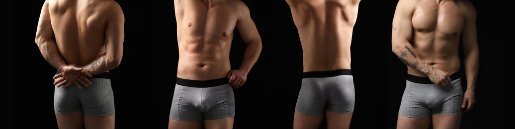 Image of Sporty man in stylish grey underwear on black background, closeup. Collage of photos