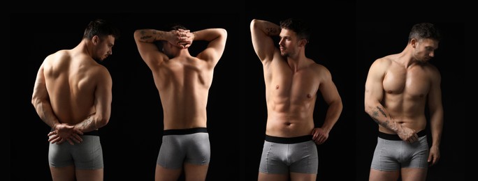 Image of Sporty man in stylish grey underwear on black background. Collage of photos