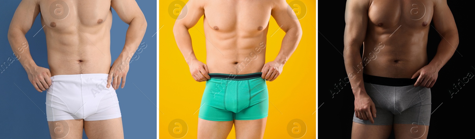 Sporty man in stylish underwear on different color backgrounds, closeup. Collage of photos Image of Sporty man in stylish underwear on different color backgrounds, closeup. Collage of photos