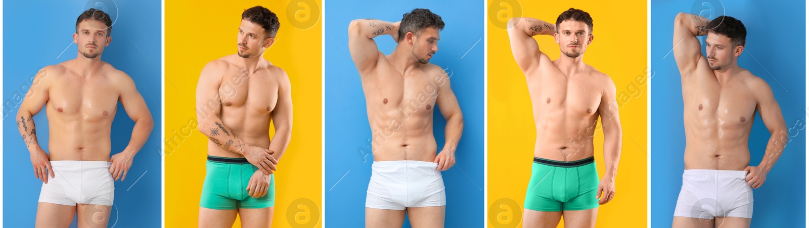 Sporty man in stylish underwear on different backgrounds, collage of photos Image of Sporty man in stylish underwear on different backgrounds, collage of photos