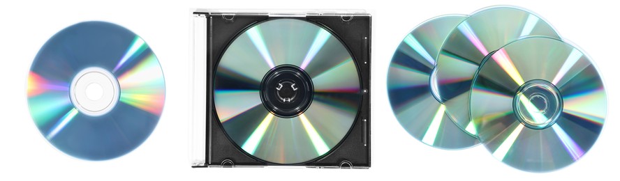 Image of Shiny compact discs isolated on white, collage. Top view