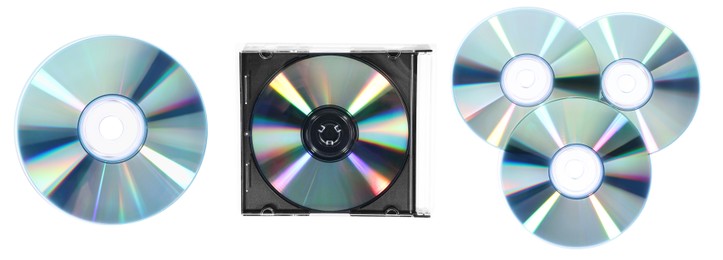 Image of Shiny compact discs isolated on white, collage. Top view