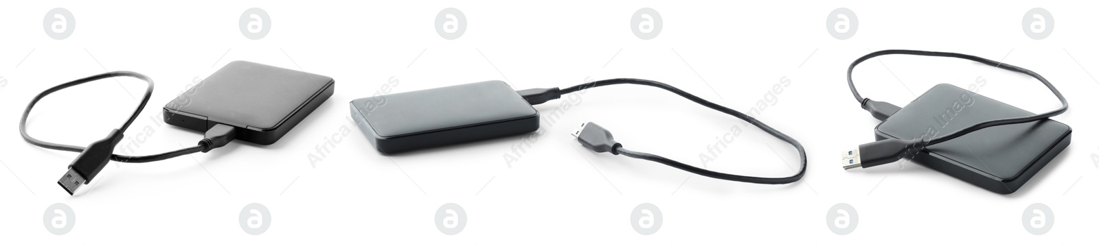 External hard drives with USB cables isolated on white, collage Image of External hard drives with USB cables isolated on white, collage