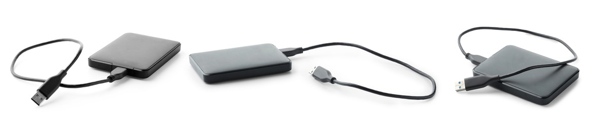 Image of External hard drives with USB cables isolated on white, collage