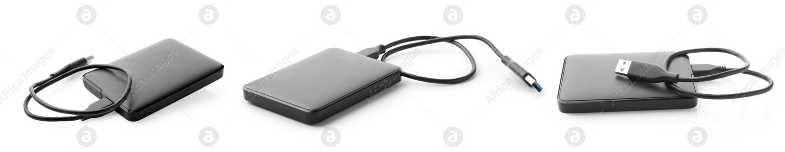 External hard drives with USB cables isolated on white, collage Image of External hard drives with USB cables isolated on white, collage
