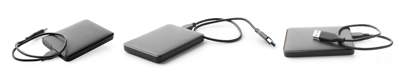 Image of External hard drives with USB cables isolated on white, collage