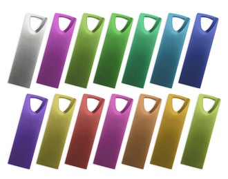 Image of Colorful flash drives isolated on white, collage. Top view