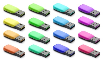 Image of Colorful flash drives isolated on white, collage