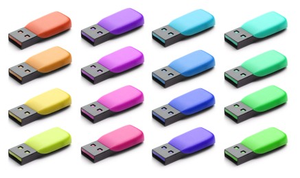 Image of Colorful flash drives isolated on white, collage