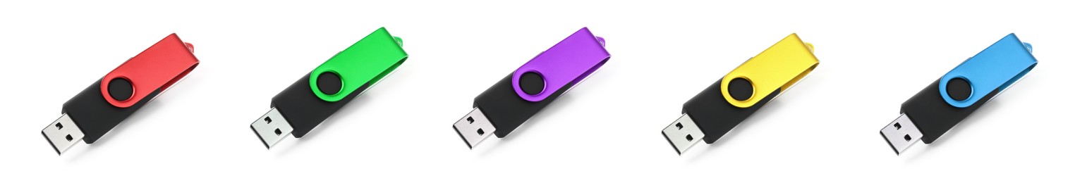 Image of Colorful flash drives isolated on white, collage