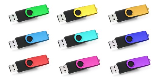 Image of Colorful flash drives isolated on white, collage