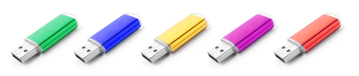 Image of Colorful flash drives isolated on white, collage