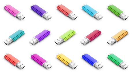 Image of Colorful flash drives isolated on white, collage