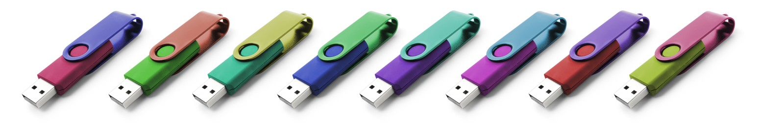 Image of Colorful flash drives isolated on white, collage