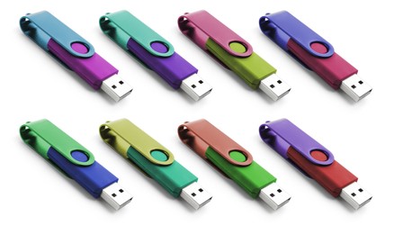 Image of Colorful flash drives isolated on white, collage