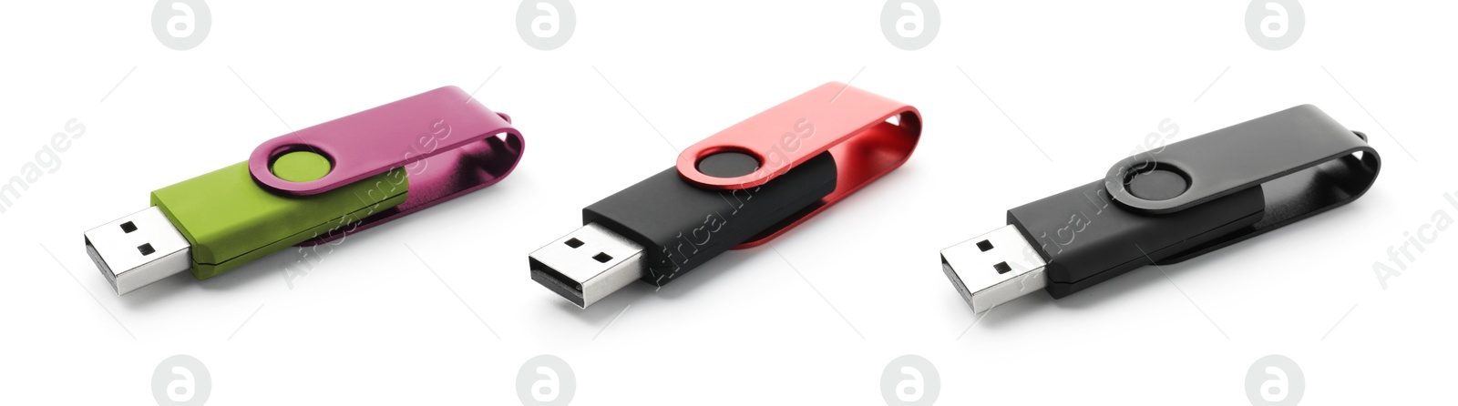 Image of Colorful flash drives isolated on white, collage