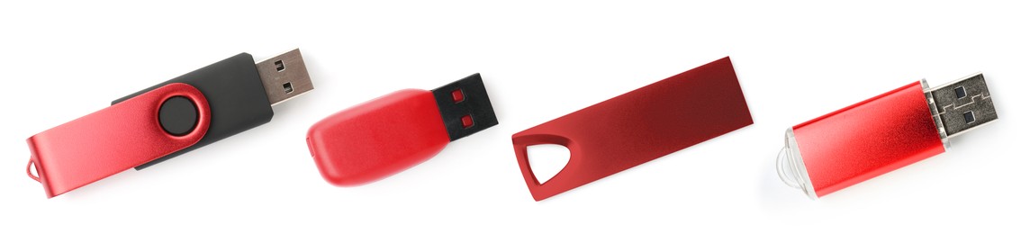 Image of Different red flash drives isolated on white, collage. Top view
