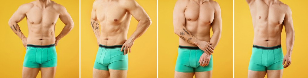 Image of Sporty man in stylish turquoise underwear on orange background, closeup. Collage of photos