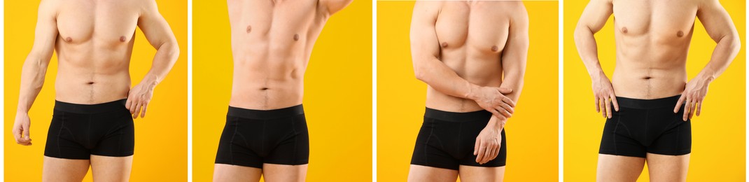 Image of Sporty man in stylish black underwear on orange background, closeup. Collage of photos