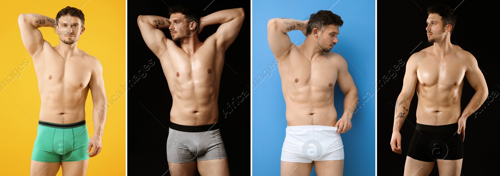 Sporty man in stylish underwear on different color backgrounds. Collage of photos Image of Sporty man in stylish underwear on different color backgrounds. Collage of photos