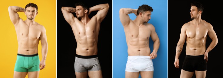 Image of Sporty man in stylish underwear on different color backgrounds. Collage of photos