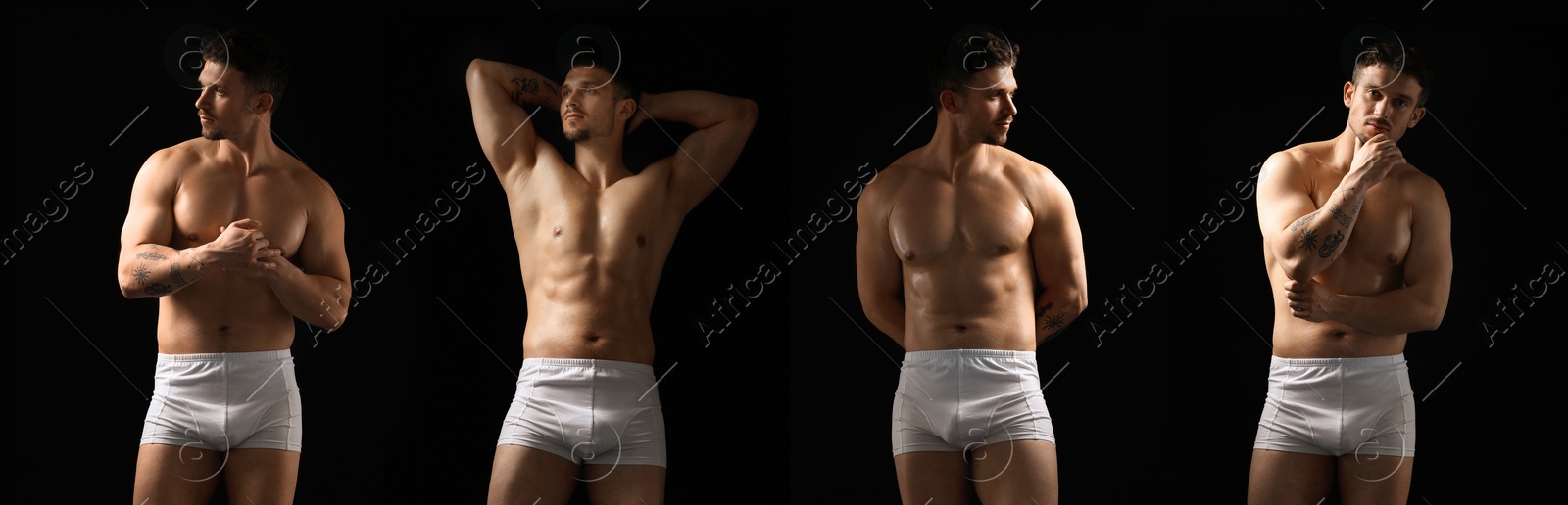 Sporty man in stylish white underwear on black background. Collage of photos Image of Sporty man in stylish white underwear on black background. Collage of photos