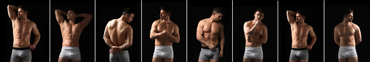 Image of Sporty man in stylish underwear on black background. Collage of photos