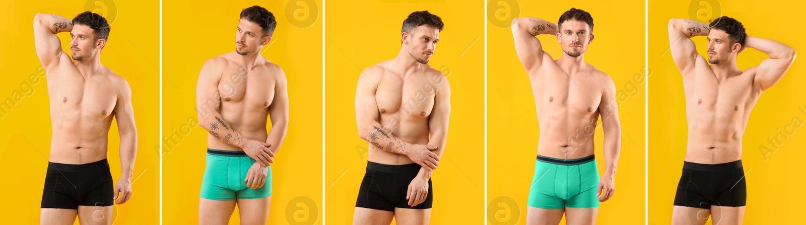 Sporty man in stylish underwear on yellow background. Collage of photos Image of Sporty man in stylish underwear on yellow background. Collage of photos