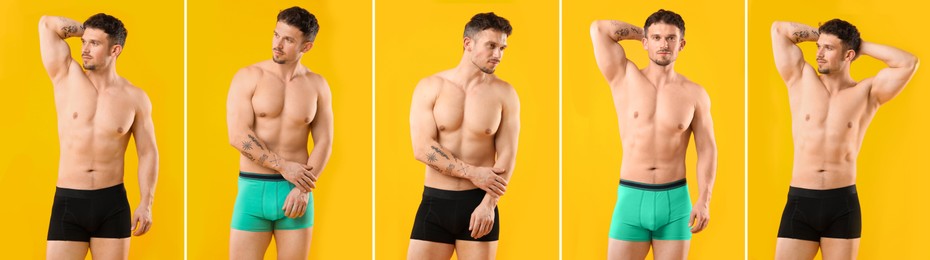 Image of Sporty man in stylish underwear on yellow background. Collage of photos