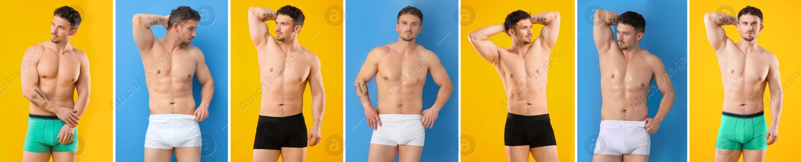 Sporty man in stylish underwear on different backgrounds, collage of photos Image of Sporty man in stylish underwear on different backgrounds, collage of photos
