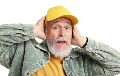 Photo of Elderly man in stylish outfit on white background